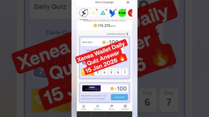Xenea Wallet Daily Quiz Answer 15 Jan 2026 🔥 | Free Crypto Mining 2025 | #xeneawallet #xenea