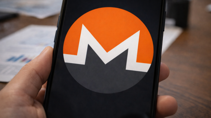 A smartphone held in hand displays the Monero cryptocurrency logo on its screen, with financial documents blurred in the background.