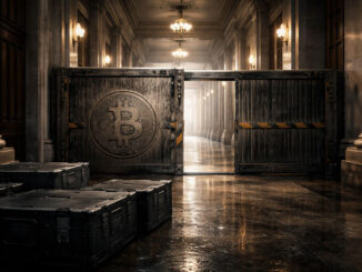 Bitcoin-marked barrier blocking a government hallway with cases left outside, symbolizing Citi lowering its price target as slow Washington policy delays impact crypto outlook