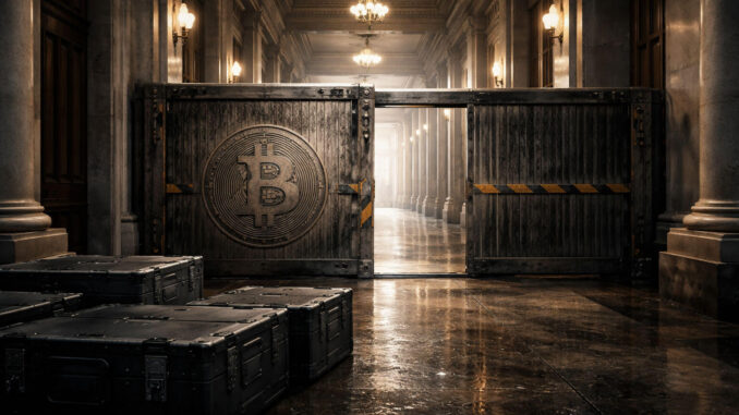Bitcoin-marked barrier blocking a government hallway with cases left outside, symbolizing Citi lowering its price target as slow Washington policy delays impact crypto outlook