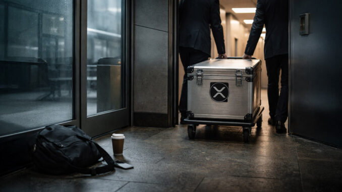 Two executives moving a secured XRP-branded case down a hallway, symbolizing a 78% collapse in XRP leverage while $1.4 billion in ETF inflows remains tied to Ripple’s expanding footprint