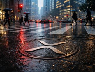 XRP logo on a rain-soaked city street as investors pull back, signaling first monthly outflow after a $1.2B ETF inflow streak