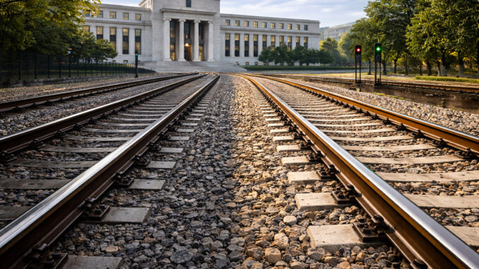 Rail lines leading directly to the Federal Reserve, symbolizing FedNow advancing into payment infrastructure long associated with XRP’s core use case