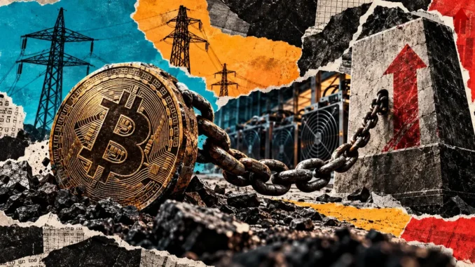 Bitcoin is chained to a heavy rising block beside mining rigs and power pylons, symbolizing tighter margins after a difficulty increase.