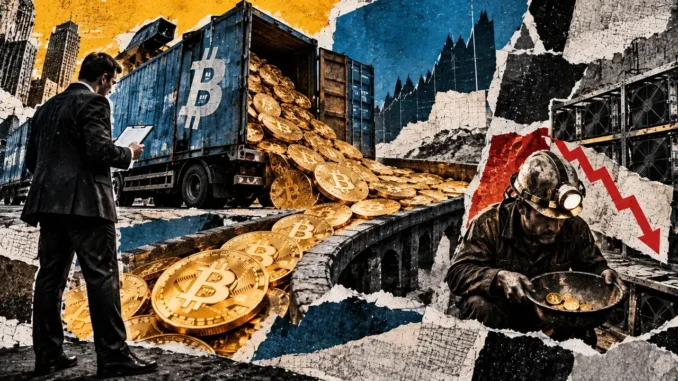 Editorial collage depicting a Bitcoin freight truck unloading valuable cargo as a mining worker receives comparatively few coins.