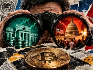 Editorial collage of an investor looking through binoculars showing the Federal Reserve and US Capitol, with a Bitcoin coin in the foreground.