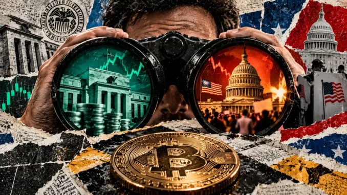 Editorial collage of an investor looking through binoculars showing the Federal Reserve and US Capitol, with a Bitcoin coin in the foreground.