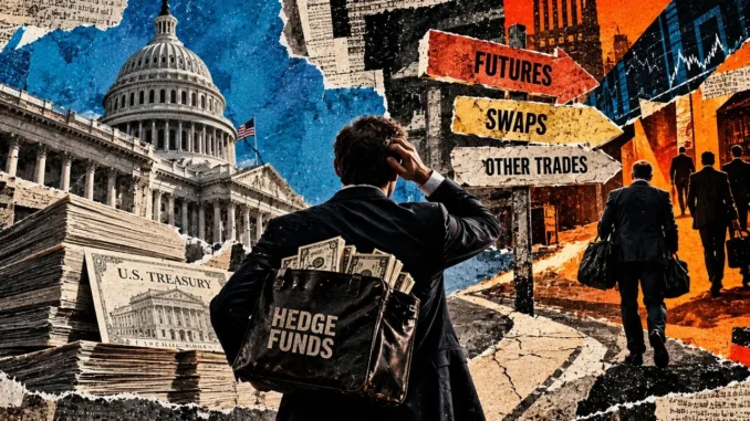 A suited investor carrying a hedge fund bag looks toward futures and swaps signs, with Treasury documents and the Capitol nearby.