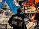 A suited investor carrying a hedge fund bag looks toward futures and swaps signs, with Treasury documents and the Capitol nearby.