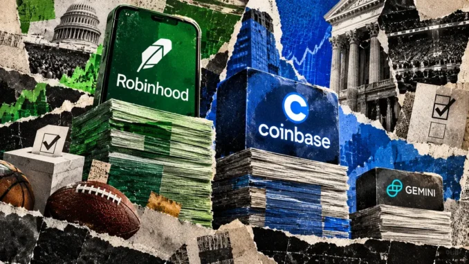Editorial collage showing Robinhood, Coinbase and Gemini on uneven stacks of financial papers, symbolizing differences in event-contract revenue.